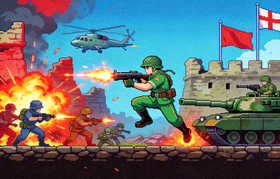 合金弹头游戏画面，展示经典横版射击关卡和角色