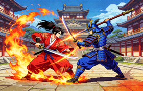 侍魂游戏画面，展示两位武士对战的场景