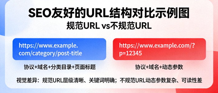 SEO友好的URL结构对比示例图，展示规范URL与不规范URL的视觉差异和结构对比